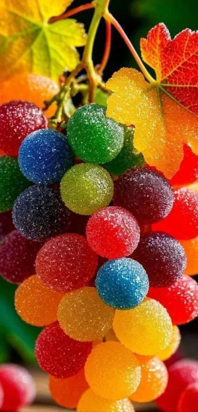 Vibrant cluster of sugary coated colorful fruits with autumn leaves.