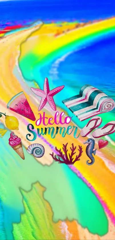 Vibrant summer beach wallpaper with ocean waves, starfish and 'Hello Summer' text.