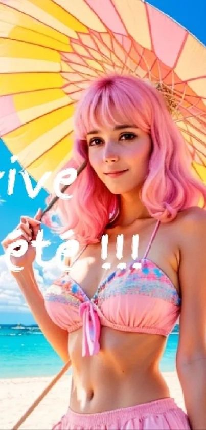 Pink-haired woman on beach with colorful umbrella.