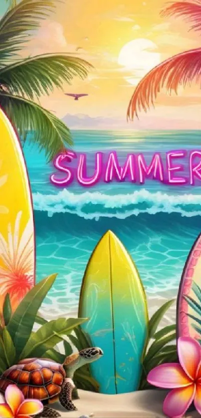Vibrant summer beach wallpaper with surfboards and ocean view.