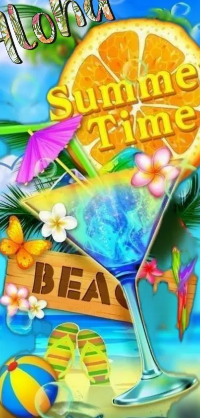 Colorful tropical summer beach wallpaper featuring cocktails and beach vibes.