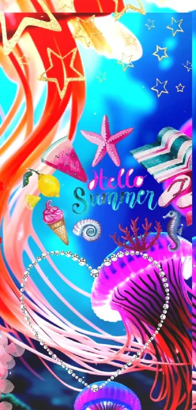 Vibrant summer beach wallpaper with colorful marine elements for phone.