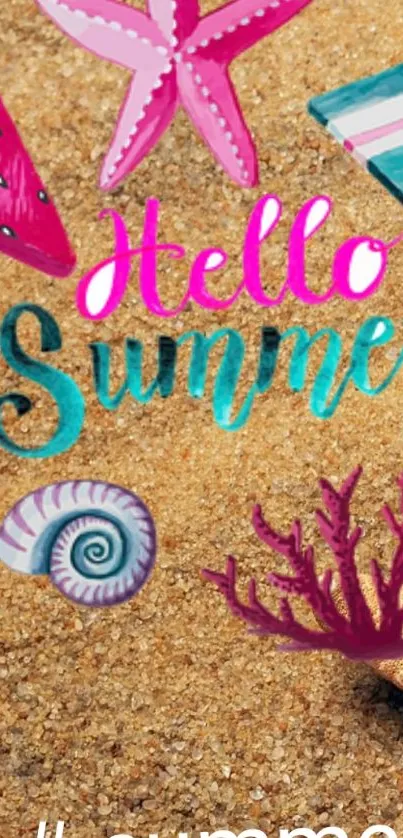 Vibrant summer beach wallpaper with sand, seashells, and colorful decorations.