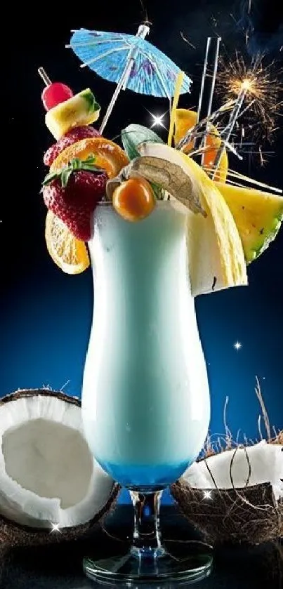 Vibrant tropical drink with colorful fruits and coconut, set against a deep blue background.