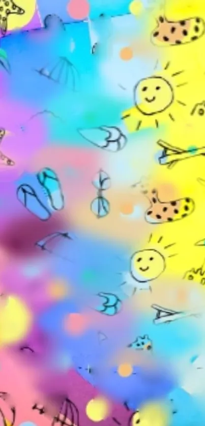 Vibrant summer doodle wallpaper with colorful sun and beach motifs.