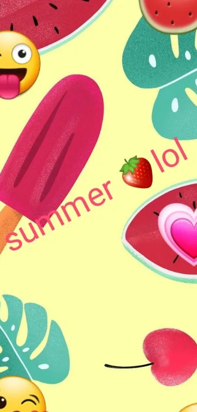 Colorful summer emoji wallpaper with fruits.