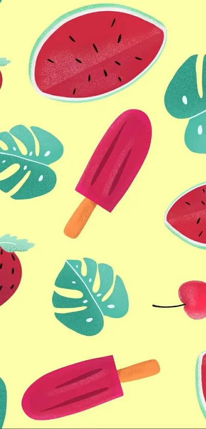 Vibrant fruit-themed wallpaper with tropical leaves.