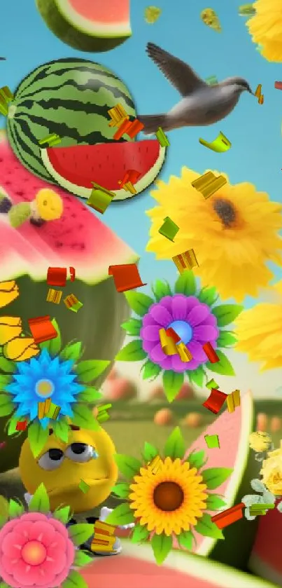 Vibrant wallpaper with watermelons and colorful flowers under a blue sky.