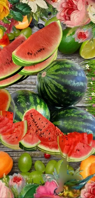 Vibrant wallpaper with watermelons and summer fruits.