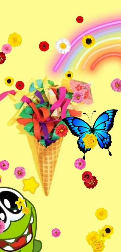 Cheerful yellow wallpaper with ice cream, flowers, and a butterfly.