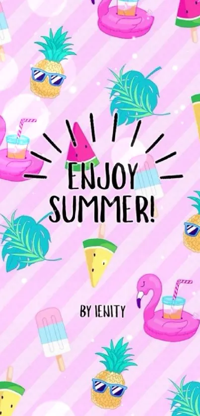 Enjoy Summer wallpaper with tropical elements on a pink background.