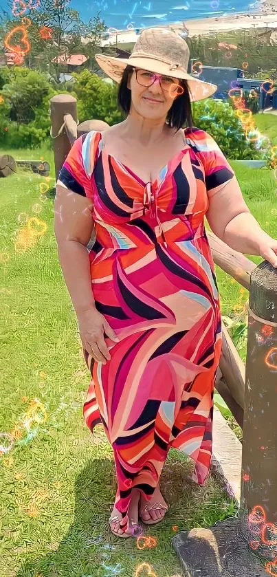 Woman in colorful dress in scenic garden with heart light patterns.