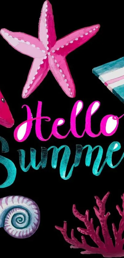 Colorful Hello Summer wallpaper with starfish and seashells on black background.