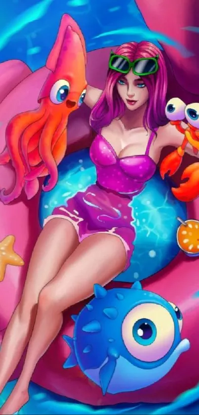 Colorful cartoon sea creatures with woman in pool float.