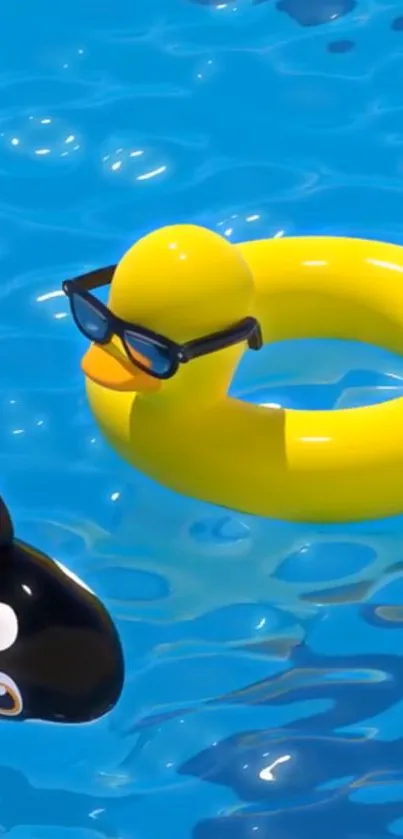 Rubber duck and whale float in bright blue pool water.