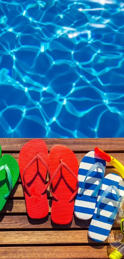 Vibrant summer poolside wallpaper with colorful flip-flops.