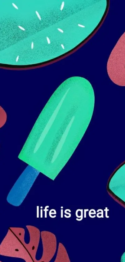 Vibrant summer wallpaper with popsicle and leaves.