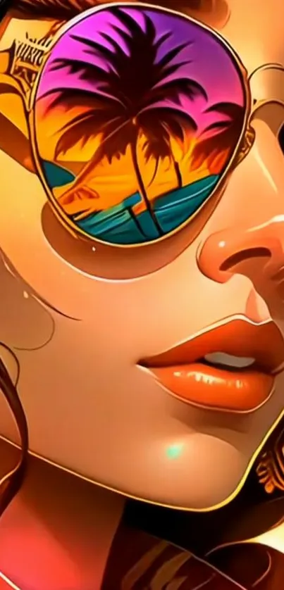 Vibrant art of palm trees reflected in sunglasses at sunset.