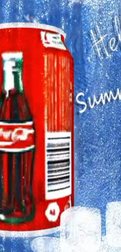 Red soda can on blue background with ice cubes and 'Hello Summer' text.