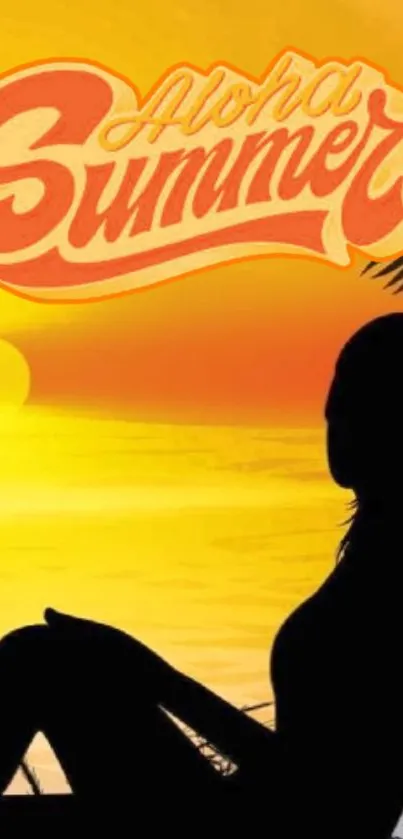 Silhouette at sunset with 'Aloha Summer' text and tropical theme.