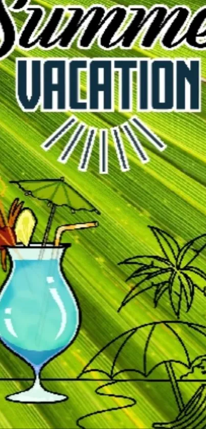 Tropical summer wallpaper with drink and palm leaves.