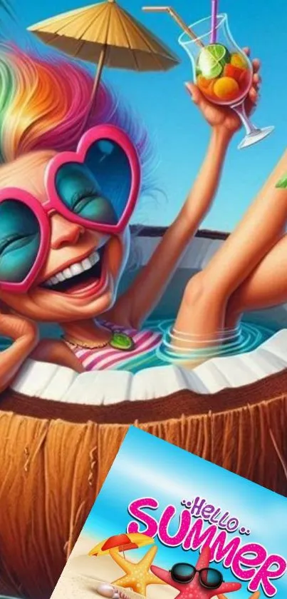 Cartoon character enjoying summer in a coconut pool with vibrant colors.