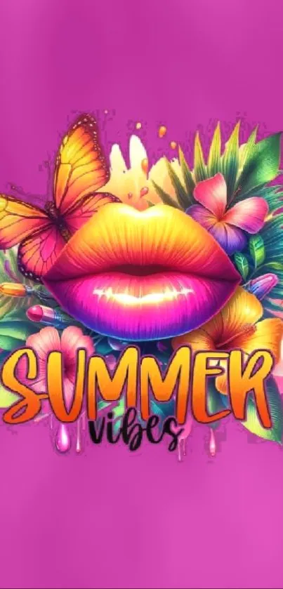 Bright summer vibes wallpaper with vibrant lips and butterfly design.