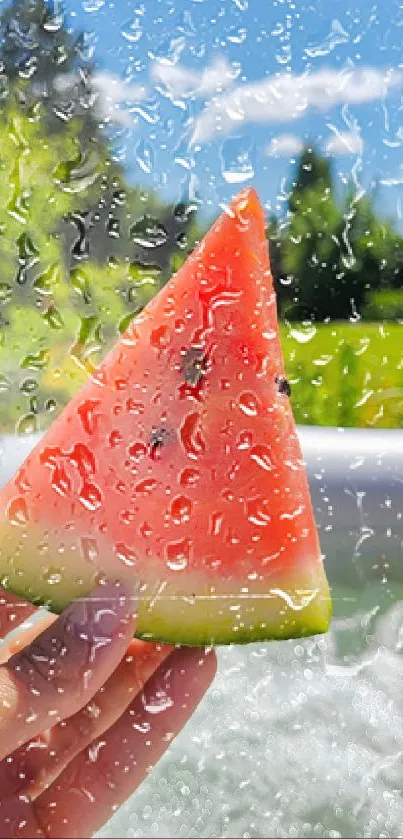 A slice of watermelon held up against a sunny, green garden view.