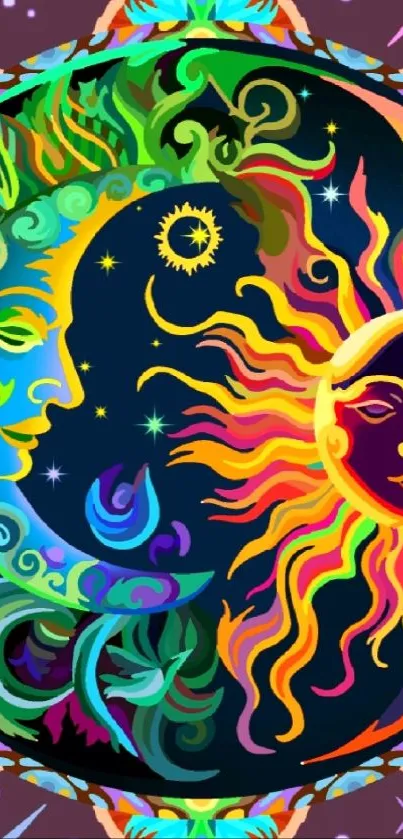 Colorful sun and moon art wallpaper for mobile.