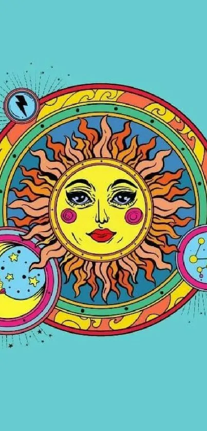 Vibrant sun and moon design on turquoise background.