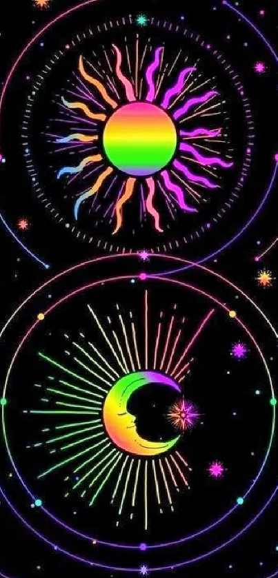 Vibrant sun and moon mobile wallpaper with rainbow hues and cosmic design.