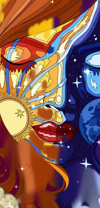 Colorful sun and moon illustration on wallpaper.