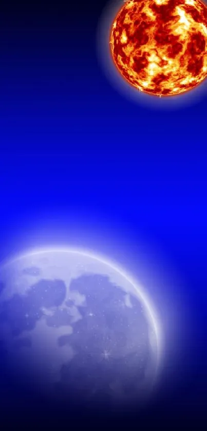 Blue gradient wallpaper featuring a fiery sun and glowing moon in cosmic display.