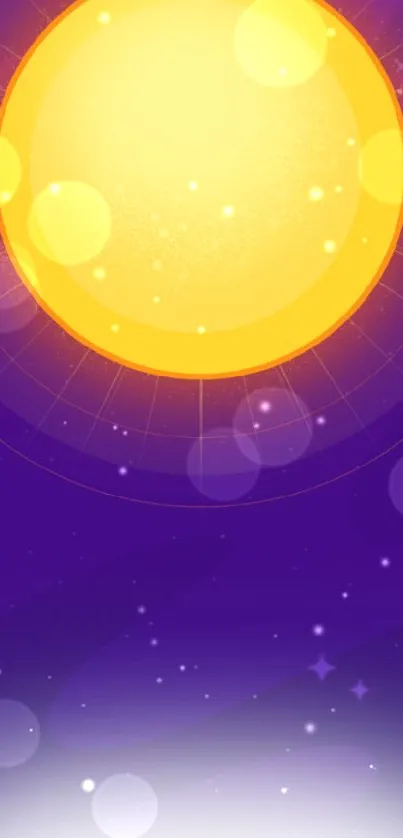 Bright yellow sun against a purple starry sky mobile wallpaper.