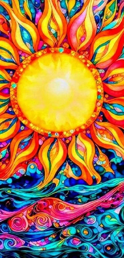 Vibrant sun and ocean waves artistic wallpaper with colorful design.