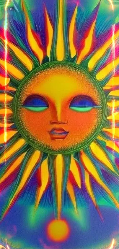 Vibrant sun face with psychedelic colors and artistic design.