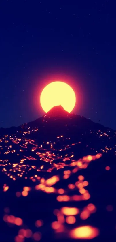 Vibrant sunset over mountain with glowing sun and dark landscape.