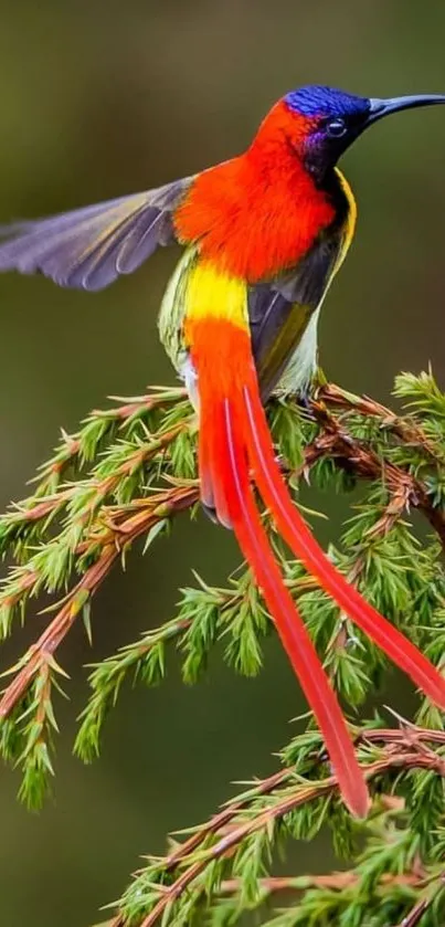 Vibrant sunbird with colorful plumage perched on a branch.