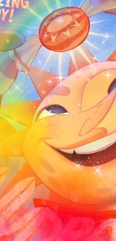 Smiling cartoon sun with rays and vibrant colors.