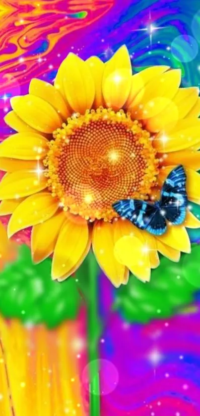 Vibrant sunflower and blue butterfly design with psychedelic background.