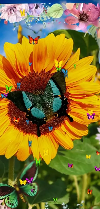 Colorful sunflower with butterflies, vibrant and artistic design.