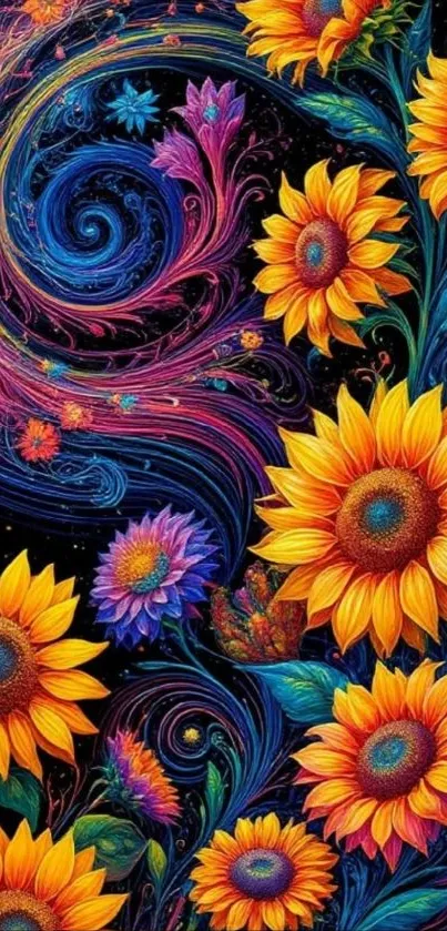 Vibrant sunflower abstract art with swirling patterns and colorful details.