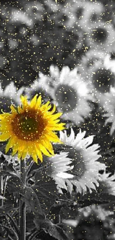 Yellow sunflower in grayscale field, artistic wallpaper