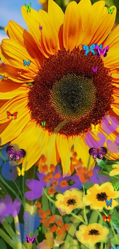 Sunflower with butterflies on a colorful mobile wallpaper.