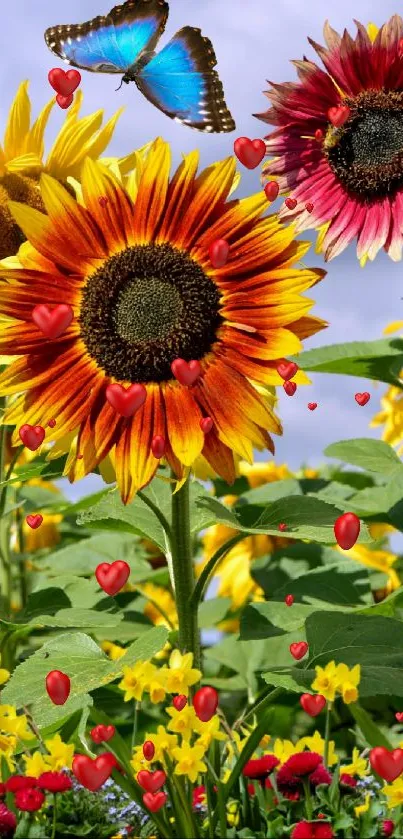 Vibrant sunflowers and a blue butterfly in a colorful garden scene.