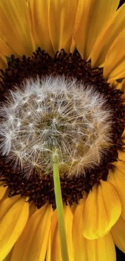 Vibrant yellow sunflower with dandelion center on mobile wallpaper.