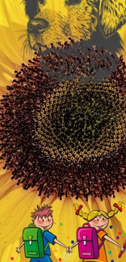 Sunflower with dog overlay and playful children.