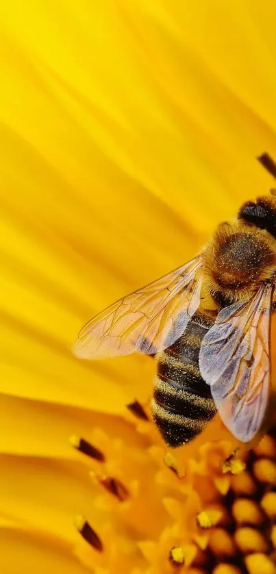 A detailed honeybee on a vibrant sunflower close-up, perfect for mobile wallpaper.