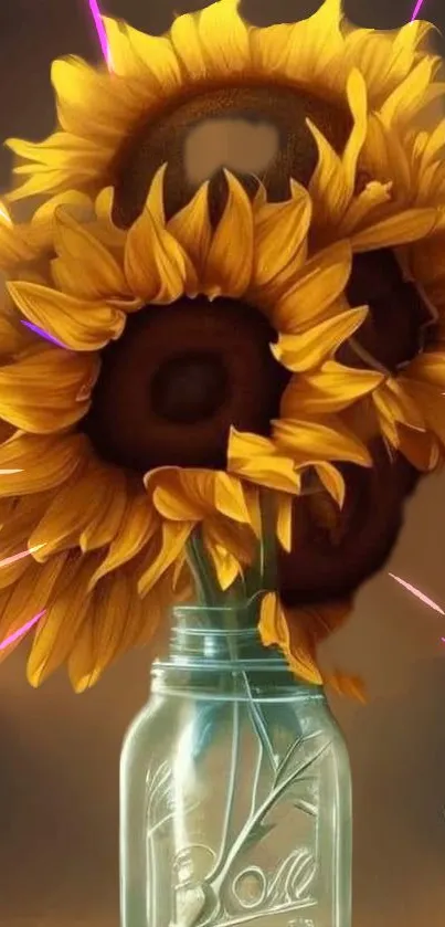 Vibrant sunflowers in a glass jar with a mystical glow.