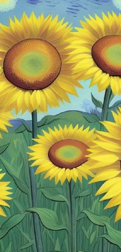 Vibrant sunflower art wallpaper with blue sky and green leaves.